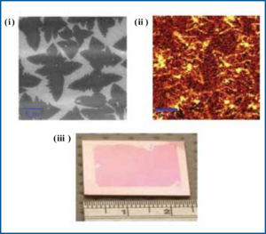 Fig. 2c. Initial stages of graphene growth on Cu. (i) SEM of graphene on Cu. (ii) Raman maps of graphene on SiO2/Si. Parts (i) and (ii) reproduced courtesy of ECS Transactions, 19(5), 41 (2009). (iii) Graphene films grown on Ni and transferred onto a Si wafer. Reproduced with permission of Nano Lett., 9, 30 (2009).