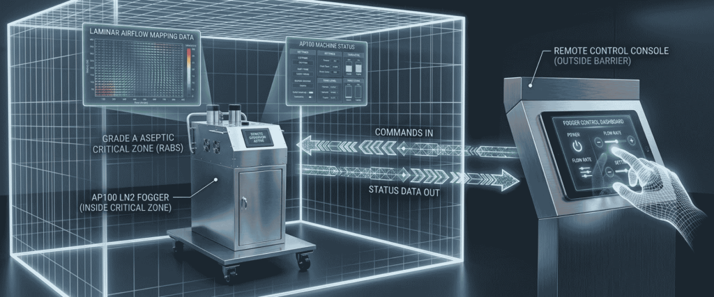 AP100 LN2 fogger in a Grade A aseptic zone with remote console, commands, status data, and airflow mapping display