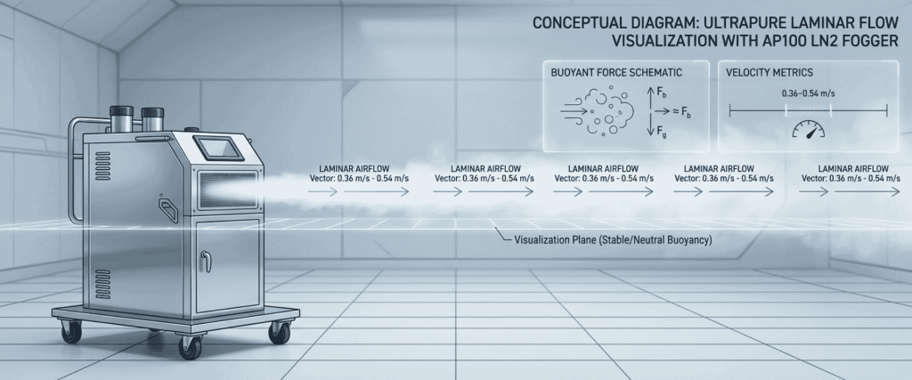 AP100 LN2 fogger visualizing ultraclean laminar airflow at 0.36–0.54 m/s in a controlled chamber