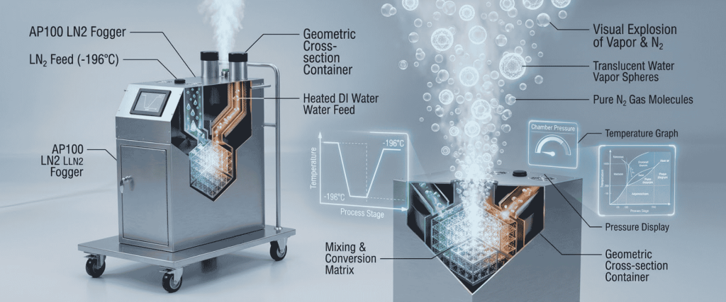 AP100 LN2 fogger with liquid nitrogen feed, heated DI water, geometric container, vapor spheres, pressure display, and graphs