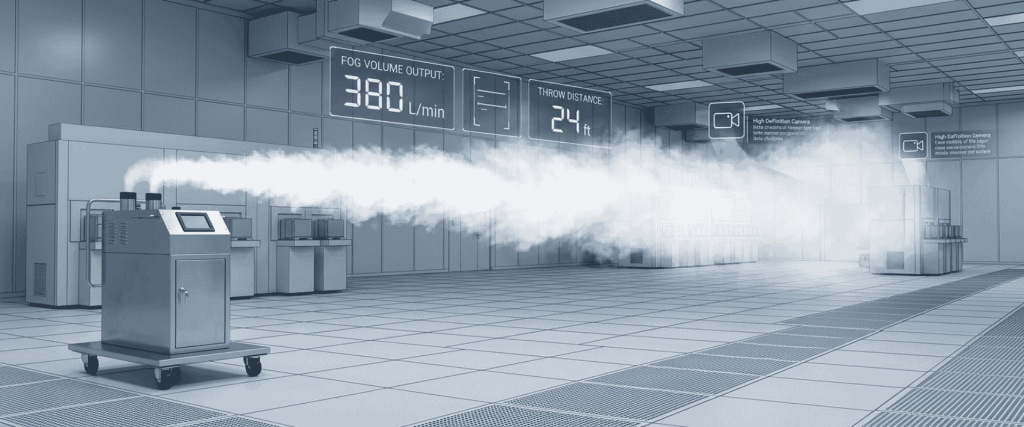 AP100 LN2 fogging machine releasing dense nitrogen mist in a cleanroom, with 380 L/min output and 24-foot throw distance