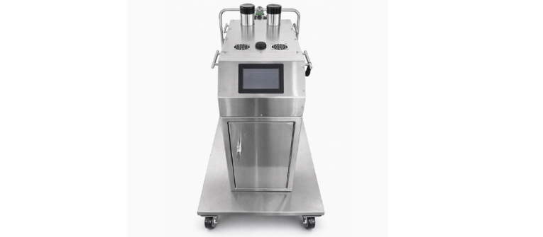 AP100 LN2 stainless steel cryogenic storage machine with touchscreen, dual vents, handles, and caster wheels