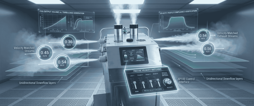 AP100 LN2 system displaying matched velocity streams and controlled downflow layers in a laboratory environment