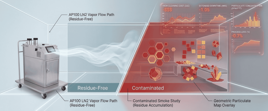 AP100 LN2 vapor flow path shown as residue-free, contrasted with contaminated smoke study and particulate map overlay