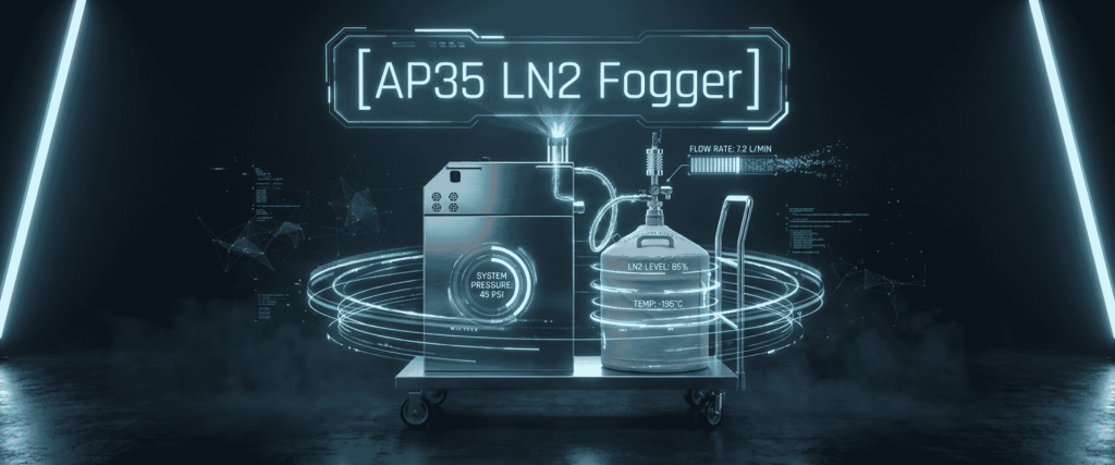 AP35 LN2 Fogger machine with liquid nitrogen tank, digital controls, pressure gauge, and swirling vapor effects