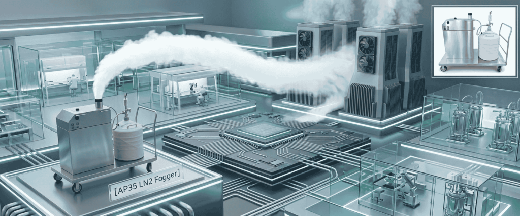 AP35 LN2 Fogger releasing dense fog in a modern semiconductor cleanroom with cooling systems and lab equipment