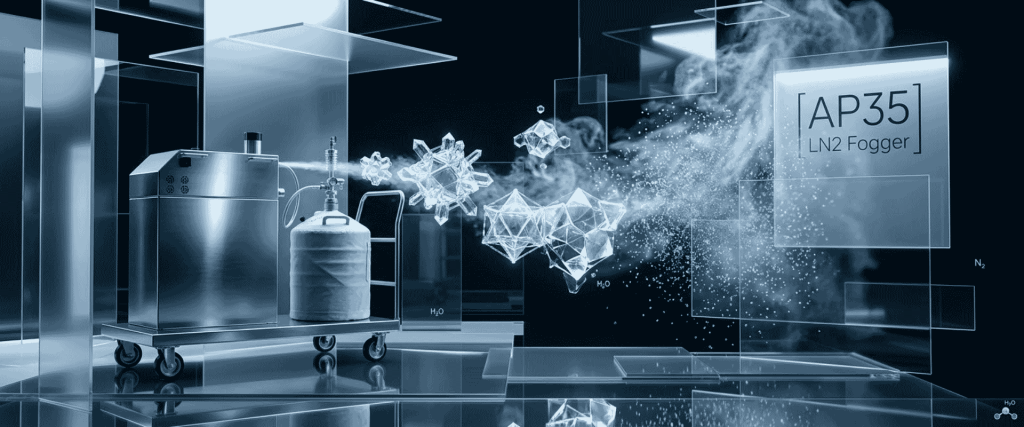 AP35 LN2 Fogger releasing dense nitrogen fog beside a stainless steel tank and floating ice crystals in a laboratory