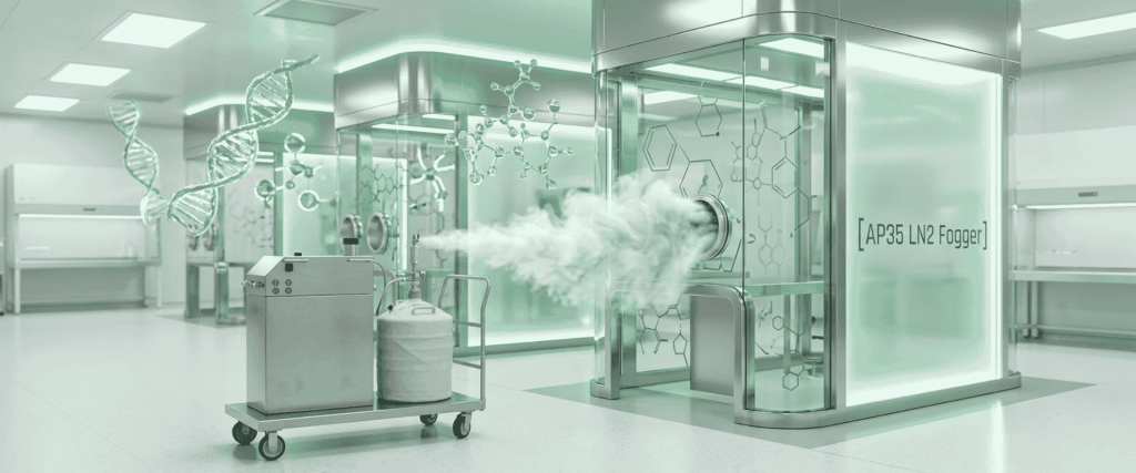 AP35 LN2 Fogger releasing dense white fog in a modern green-lit laboratory beside glass chambers and scientific equipment