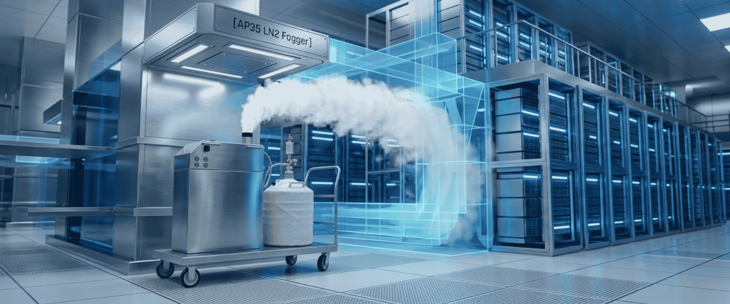 AP35 LN2 Fogger releasing dense white vapor beside servers in a modern data center