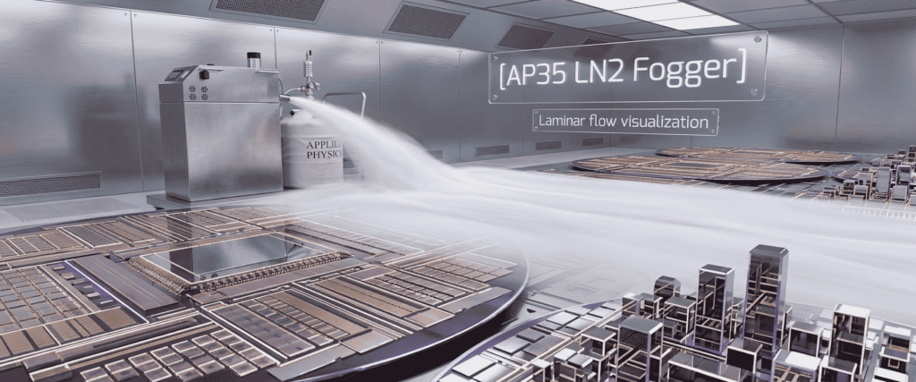 AP35 LN2 Fogger sprays nitrogen mist across semiconductor wafers in a cleanroom, demonstrating laminar flow visualization