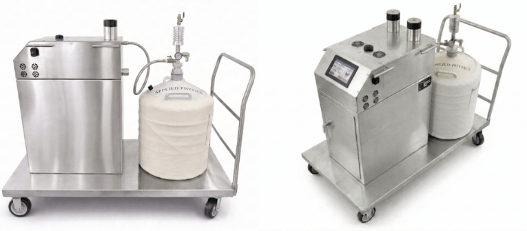 AP35 LN2 Fogger stainless steel unit with touchscreen controls, liquid nitrogen tank, tubing, and casters