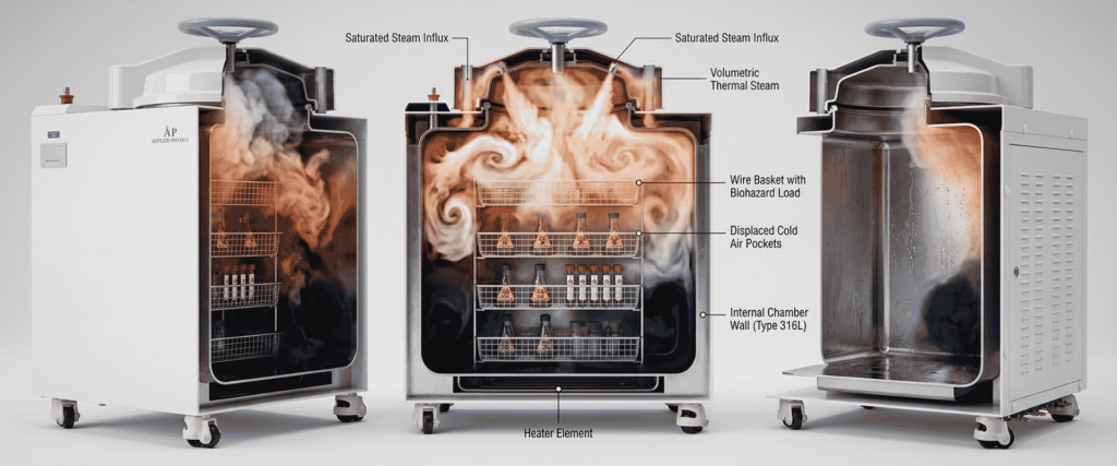 Autoclave diagram showing saturated steam flow, thermal steam, chamber walls, wire baskets, and heater elements