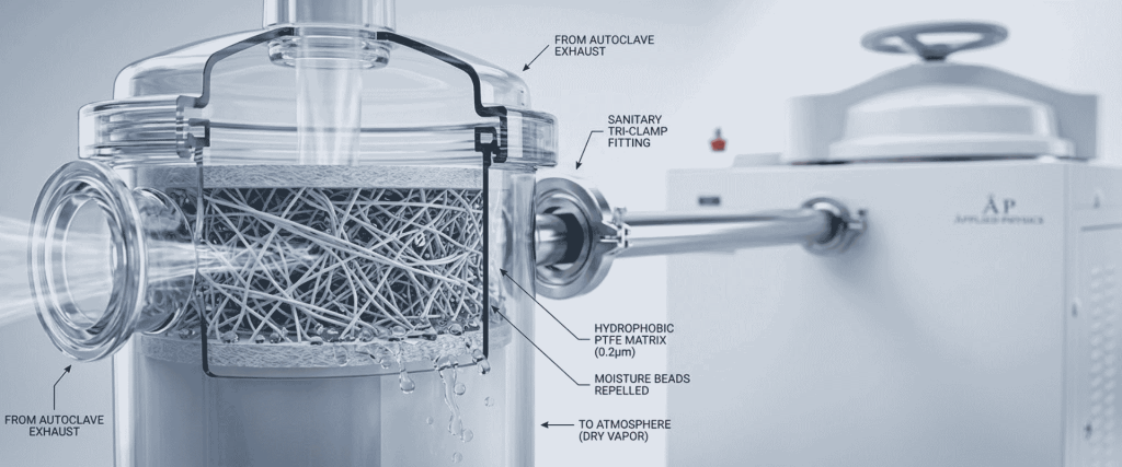 Autoclave exhaust system with hydrophobic PTFE matrix, sanitary tri-clamp fitting, and moisture-repelling beads