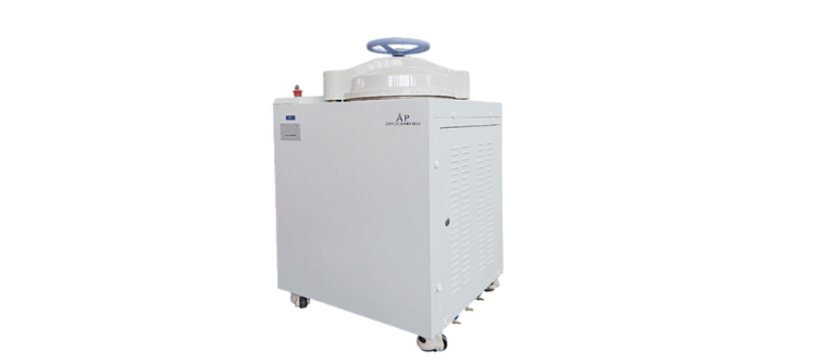 Autoclave sterilizer with a white chamber, pressure lid, control panel, and wheels