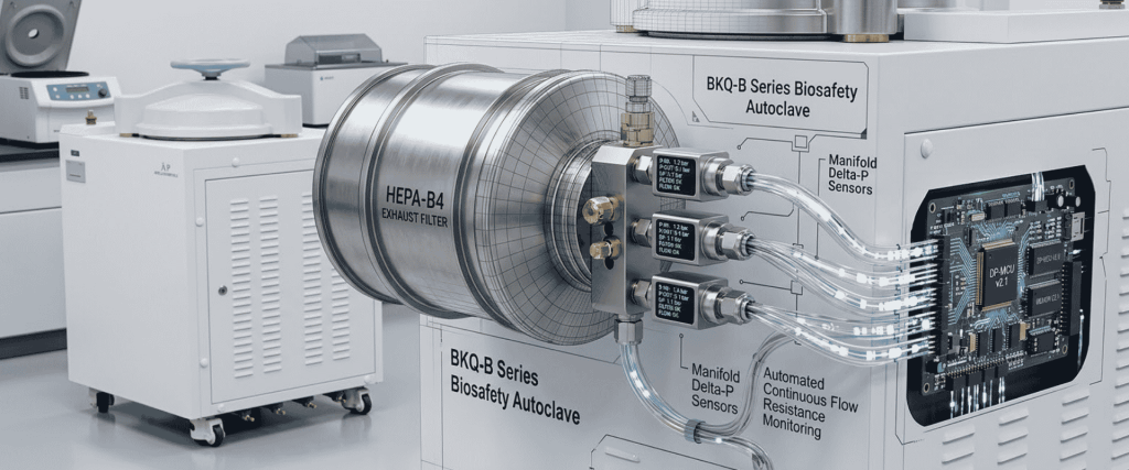Autoclave with HEPA exhaust filter, manifold sensors, and automated flow monitoring in a modern laboratory system