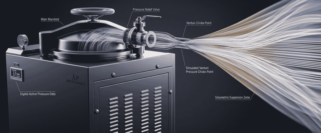 Autoclave with pressure relief valve and Venturi choke point, illustrating steam flow and volumetric expansion