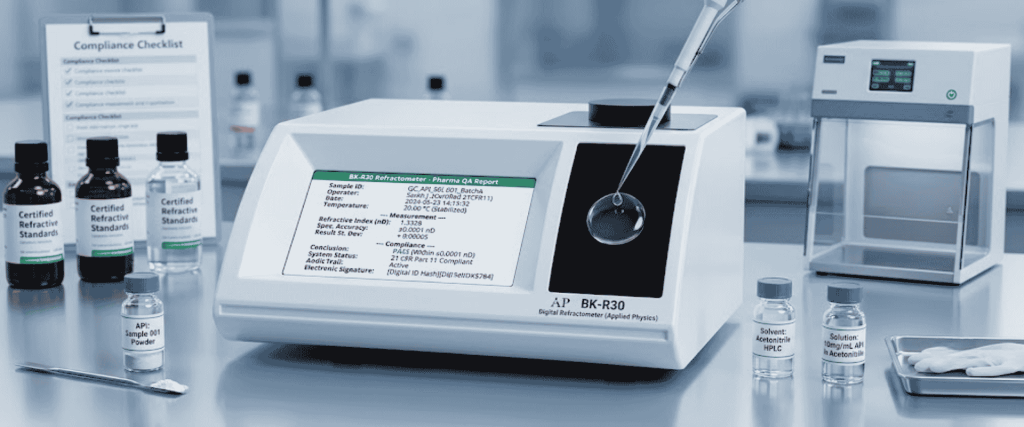BK-R30 Digital Refractometer in a lab setup with sample vials, pipette, and quality-control checklist