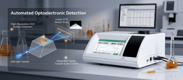 BK-R30 Digital Refractometer on lab bench with display, optical detection diagram, and glassware, for automated analysis