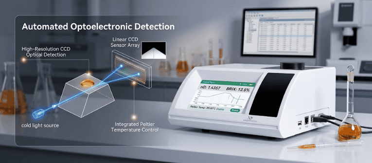 BK-R30 Digital Refractometer on lab bench with display, optical detection diagram, and glassware, for automated analysis