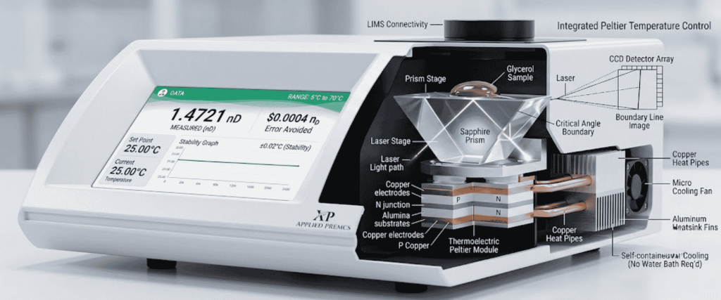 BK-R30 Digital Refractometer with touchscreen display, prism chamber, laser system, and temperature control for sample testing