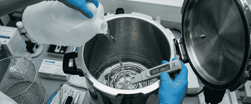 BKM-P18I Portable Autoclave filled with water and checked using a digital thermometer in a lab setting