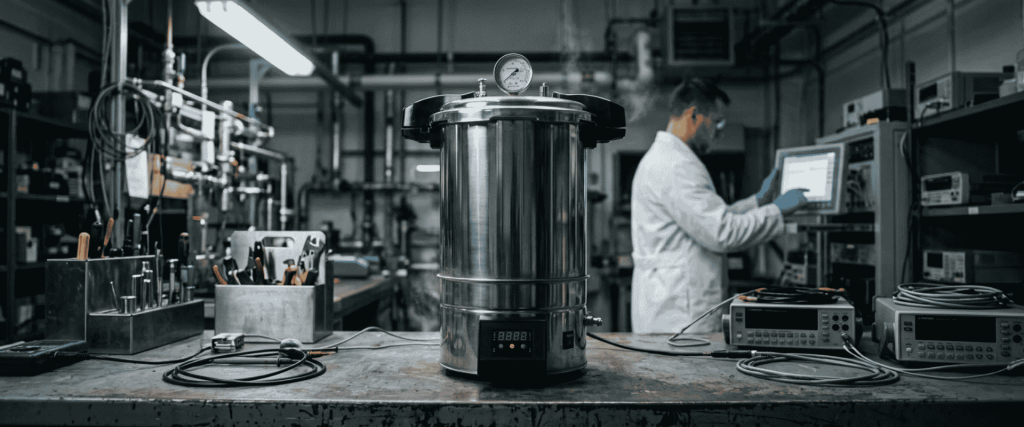 BKM-P18I Portable Autoclave on a laboratory bench, with equipment and a technician in the background