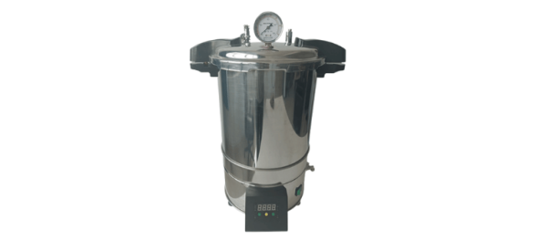 BKM-P18I Portable Autoclave, stainless steel sterilizer with pressure gauge, locking handles, digital controls, and drain valve