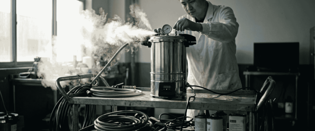 BKM-P18I Portable Autoclave steaming on a lab cart while a technician adjusts its controls