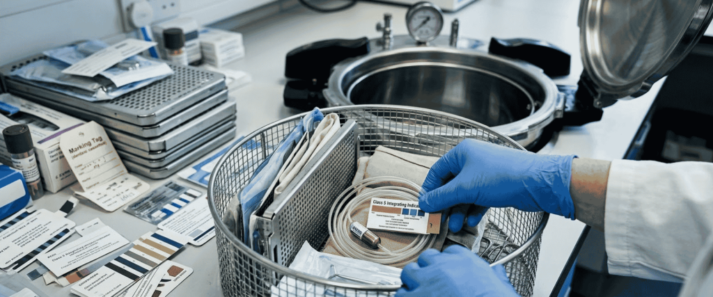 BKM-P18I Portable Autoclave with medical instruments, sterilization basket, and technician wearing blue gloves