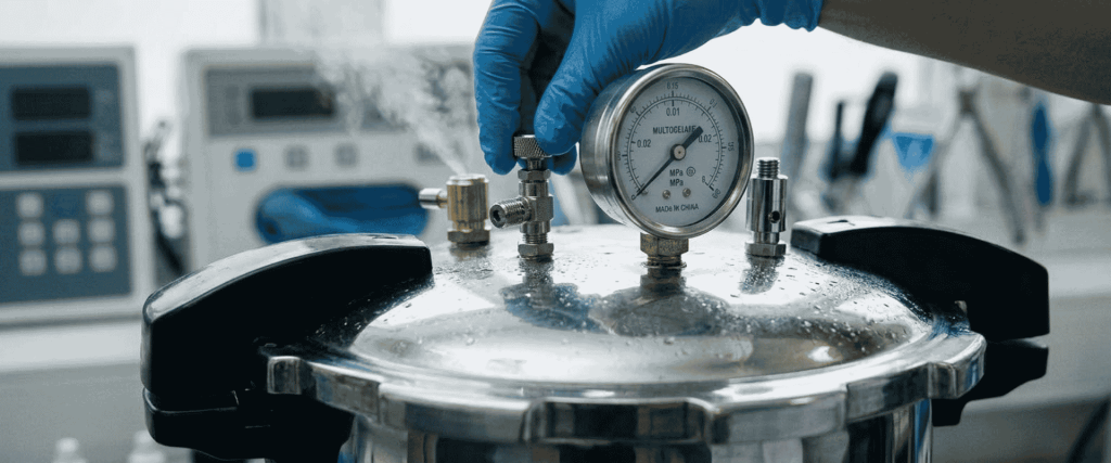BKM-P18I Portable Autoclave with pressure gauge being inspected in a laboratory