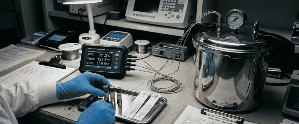 BKM-P18I Portable Autoclave with pressure gauge, temperature monitor, lab tools, and technician handling sample tubes