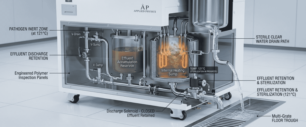 Biosafety Autoclave lower assembly with effluent retention, heating sump, sterilization, and sterile water drainage system