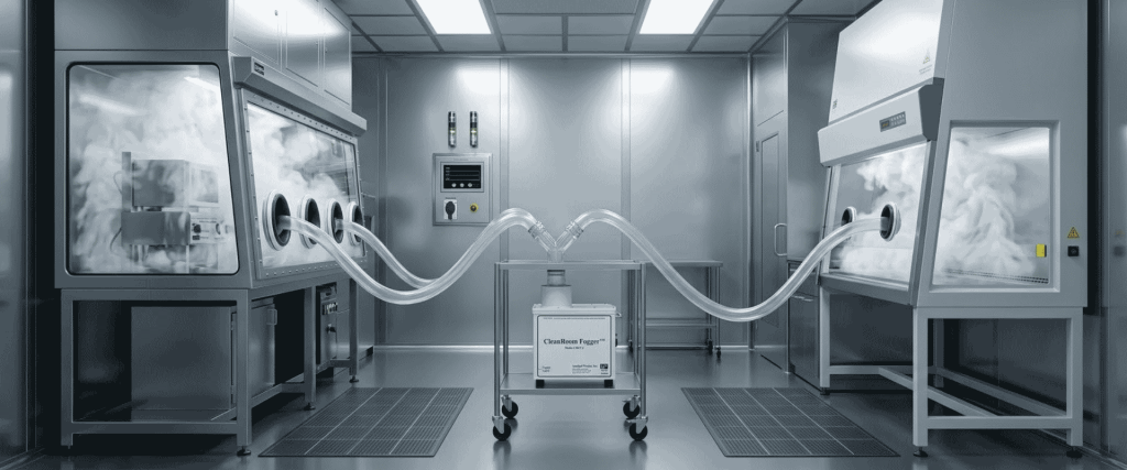 CRF2 Cleanroom Fogger dispensing fog between two pharmaceutical cleanroom isolators in a sterile facility