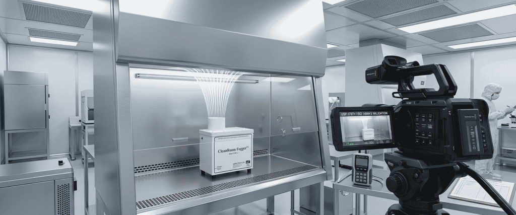 CRF2 Cleanroom Fogger emitting mist inside a laminar flow hood, filmed by a camera in a sterile laboratory