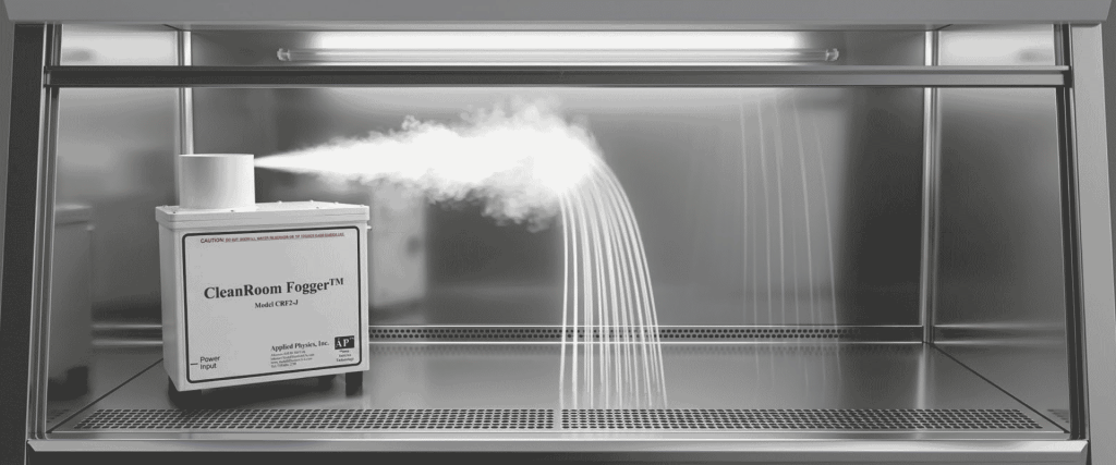 CRF2 Cleanroom Fogger releasing visible fog inside a stainless steel laboratory cleanroom enclosure