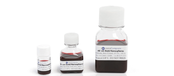 Citrate Gold 40 nm gold nanosphere solutions in three laboratory bottles