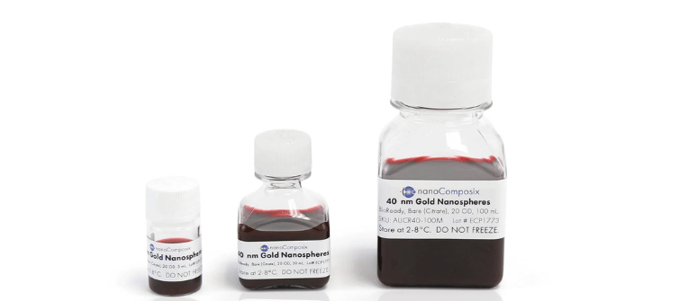 Citrate Gold 40 nm gold nanosphere solutions in three laboratory bottles