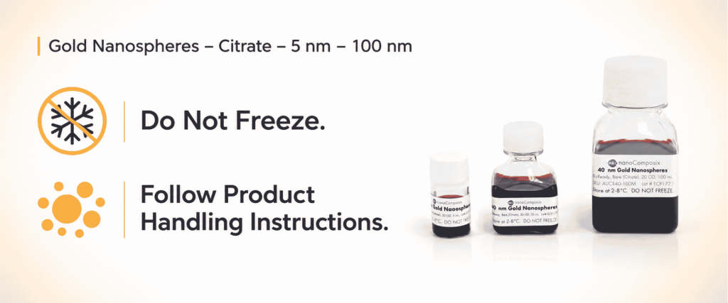 Citrate Gold nanosphere bottles, 5–100 nm, with instructions: do not freeze and follow product handling guidelines