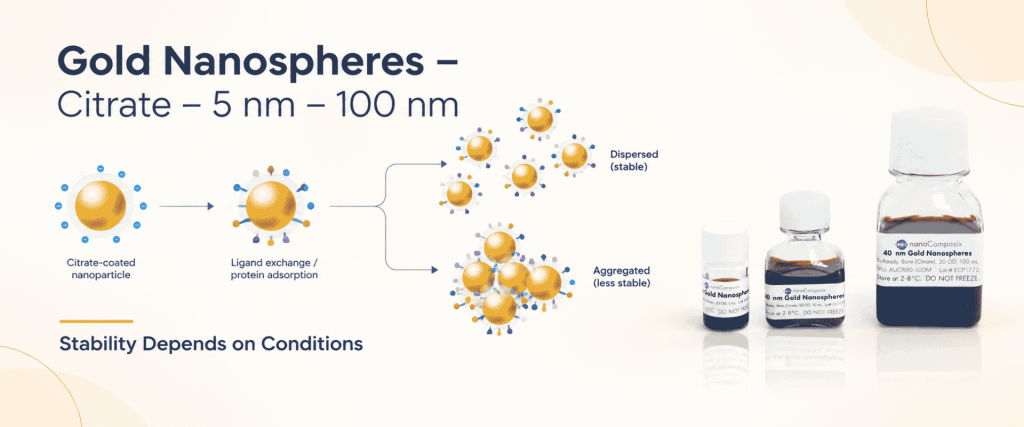 Citrate Gold nanospheres, 5–100 nm, show ligand exchange, stable dispersion, aggregation, and product vials