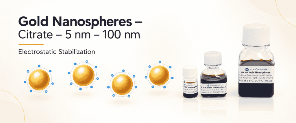 Citrate Gold nanospheres, 5–100 nm, with electrostatic stabilization and laboratory sample bottles