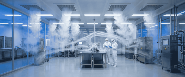 Cleanroom Fogger dispersing disinfectant mist as two technicians inspect equipment in a sterile pharmaceutical facility
