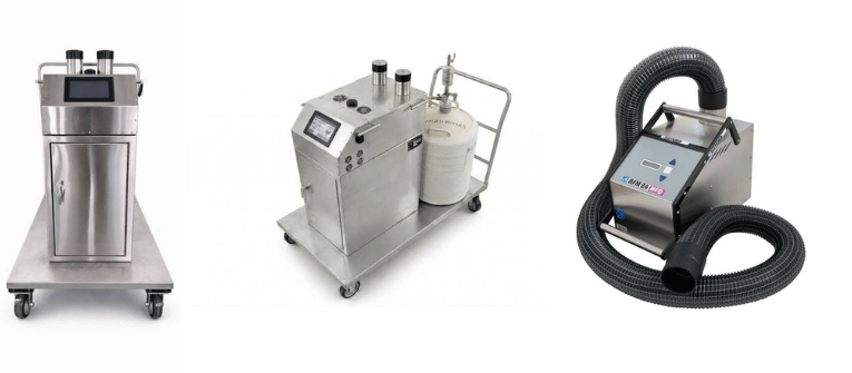 Cleanroom Fogger equipment shown in three stainless steel designs with digital controls, wheels, tanks, and flexible hoses