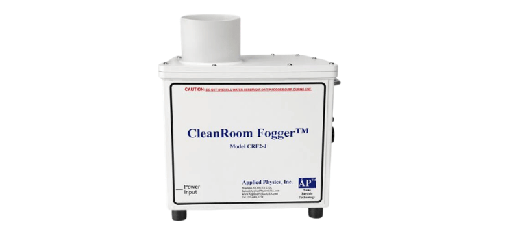 Cleanroom Fogger machine, Model CRF2-J, with white housing, top nozzle, control panel, and power input