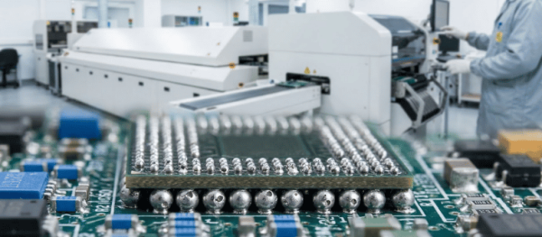 Contamination Control in a cleanroom with automated PCB assembly equipment and a technician inspecting electronic components