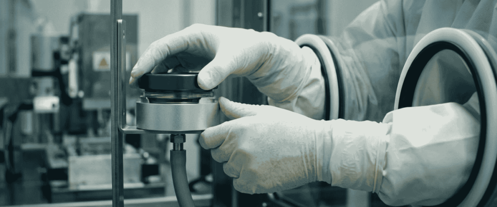 EU GMP Annex 1: Gloved operator handling a sealed container through an isolator port in a sterile pharmaceutical facility