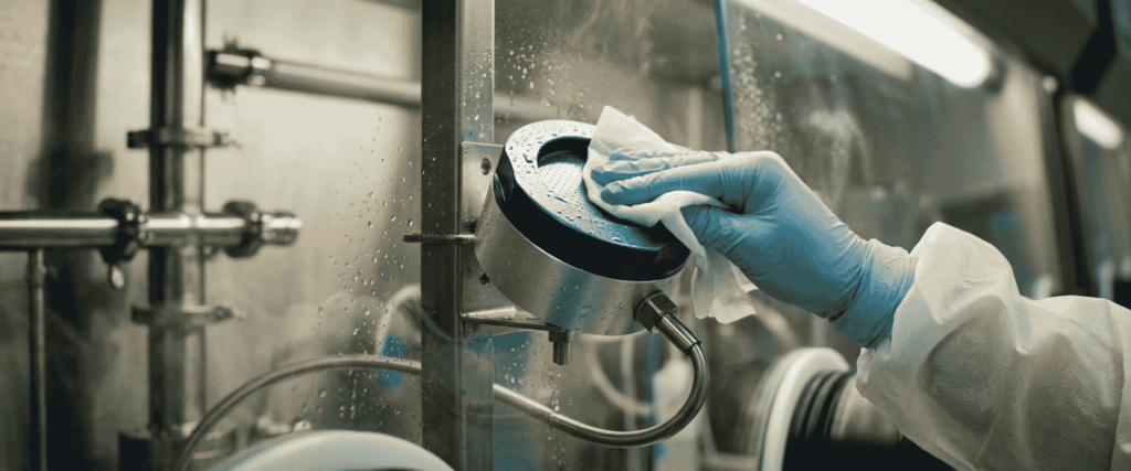 EU GMP Annex 1: Gloved worker cleaning stainless steel equipment in a pharmaceutical cleanroom