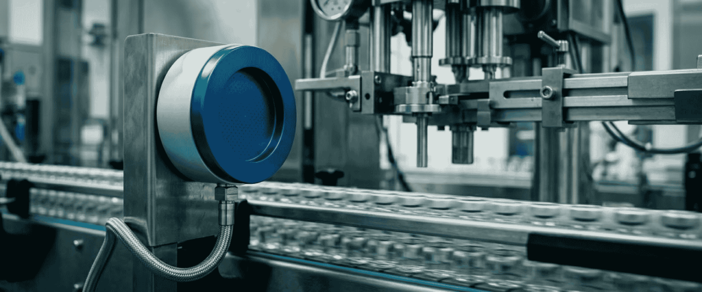 EU GMP Annex 1 compliant pharmaceutical filling line with stainless steel equipment and vials on a conveyor belt