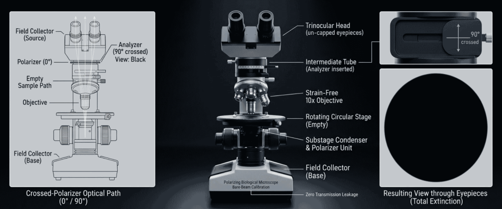 False Birefringence diagram showing a crossed-polarizer microscope, labeled optical path, components, and black extinction view