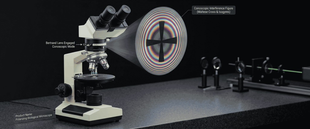 False Birefringence diagram with a polarizing microscope, laser optics, and colorful conoscopic interference figure