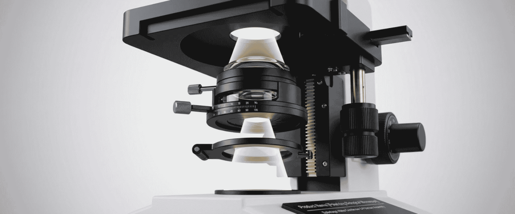 False Birefringence microscope with polarizing optics, objective lenses, stage, and focus adjustment controls